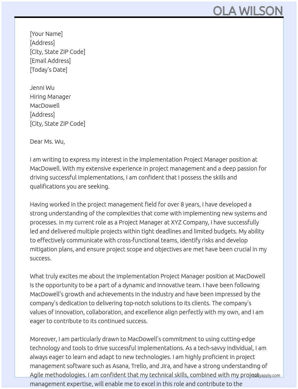 Implementation Project Manager  At MacDowell Cover Letter