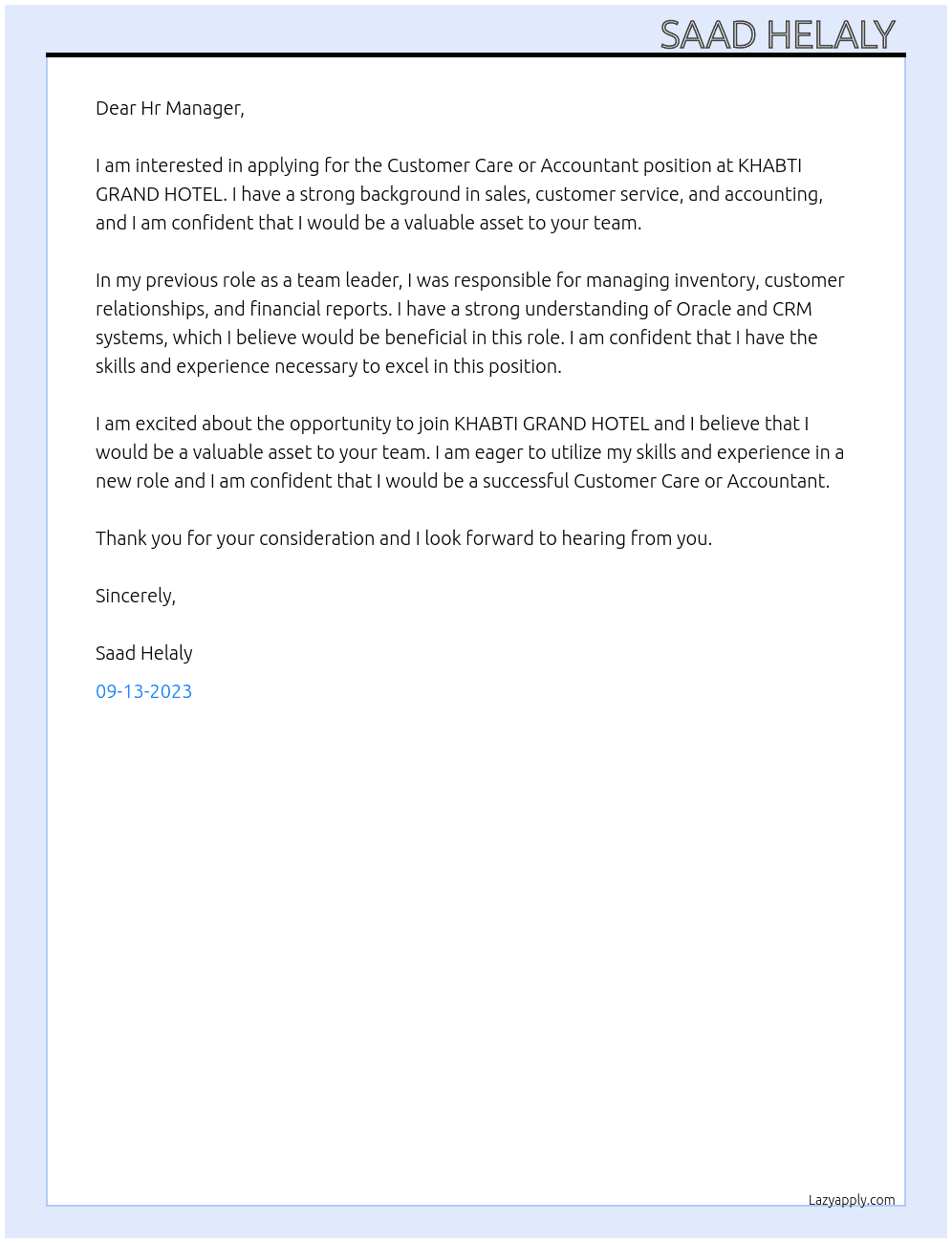 Customer Care or Accountant  At KHABTI GRAND HOTEL  Located Cover Letter
