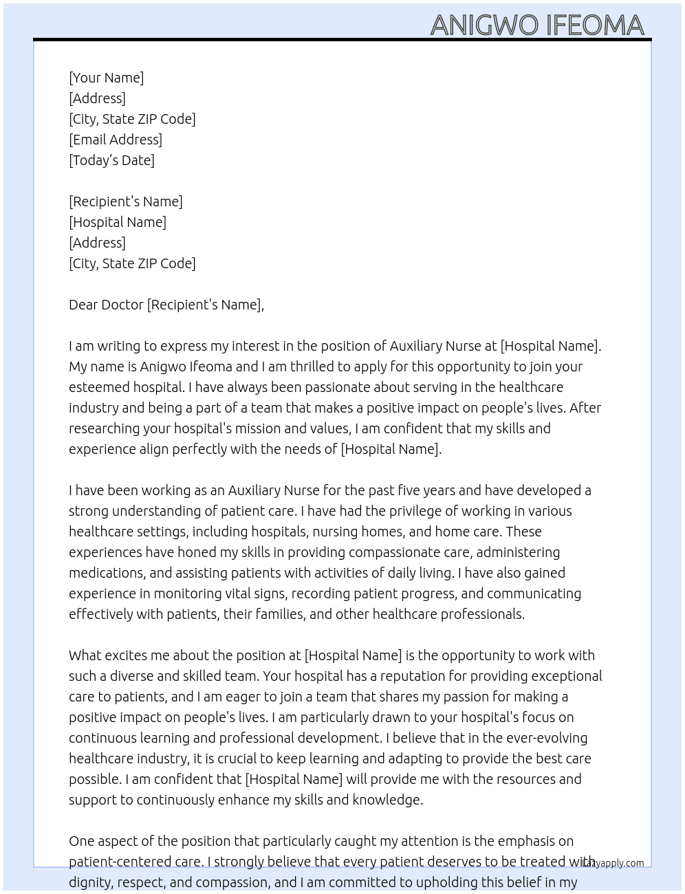 Auxiliary nurse At Hospital  Cover Letter