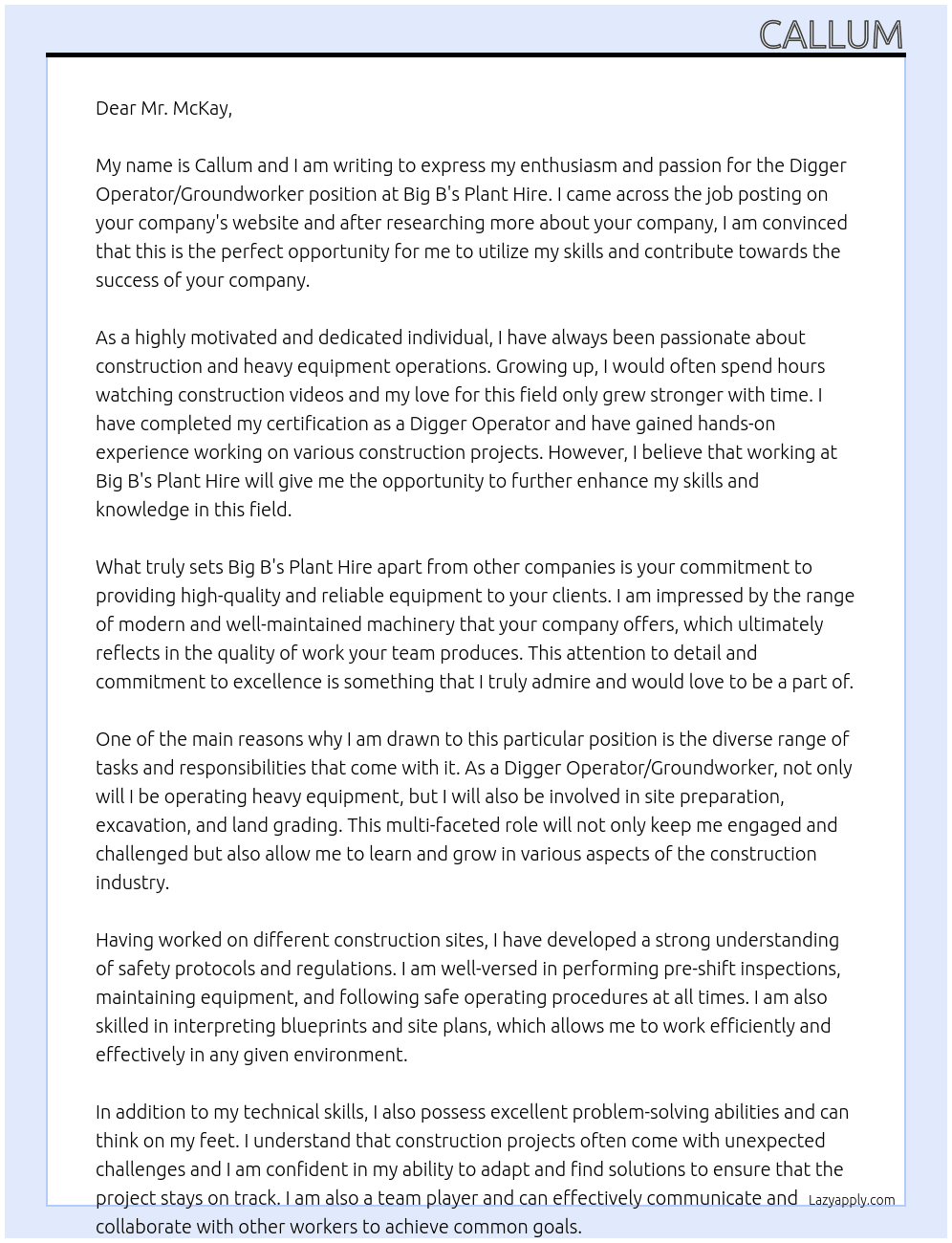 Digger Operator/Groundworker At Big B's Plant Hire Cover Letter