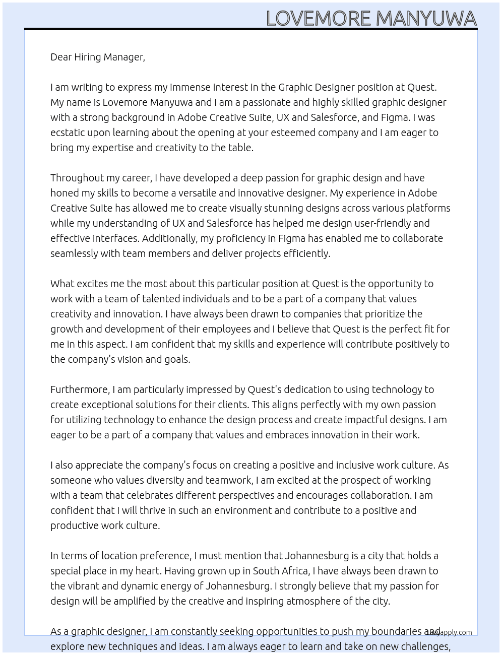 Graphic Designer At Quest Cover Letter