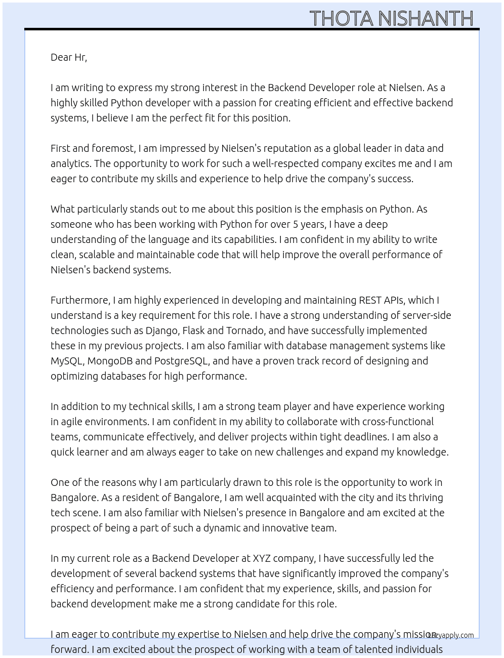 Backend developer  At Nielsen  Cover Letter