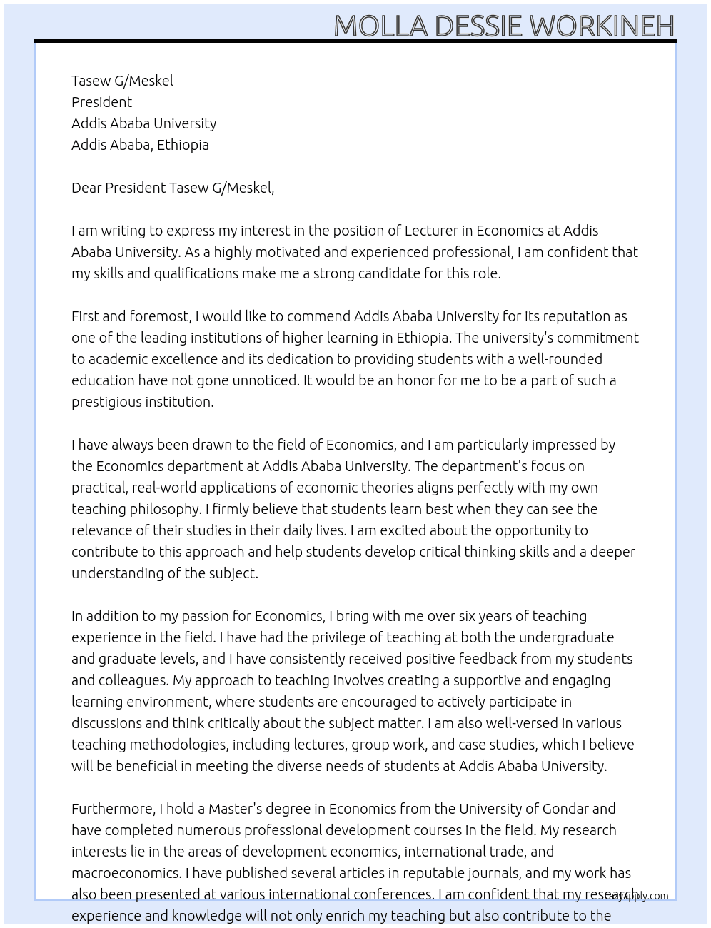 Leccturer in Economics At Addis Ababa University Cover Letter