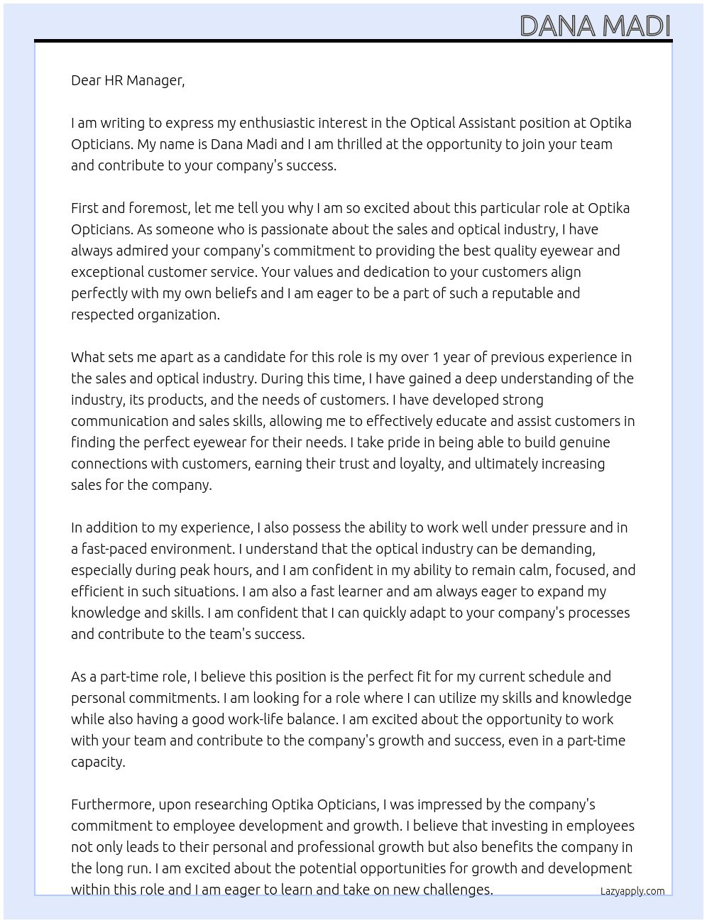 Optical Assistant At Optika Opticians Cover Letter