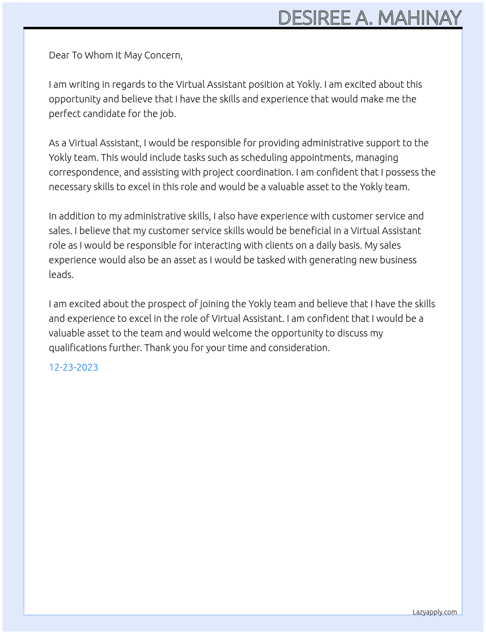 VIRTUAL ASSISTANT At Yokly Cover Letter