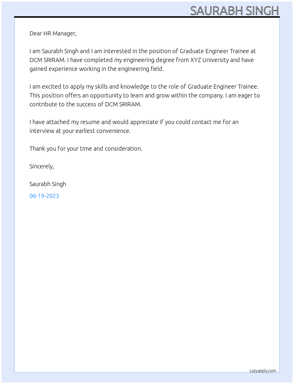 Graduate engineer trainee At DCM SRIRAM Cover Letter