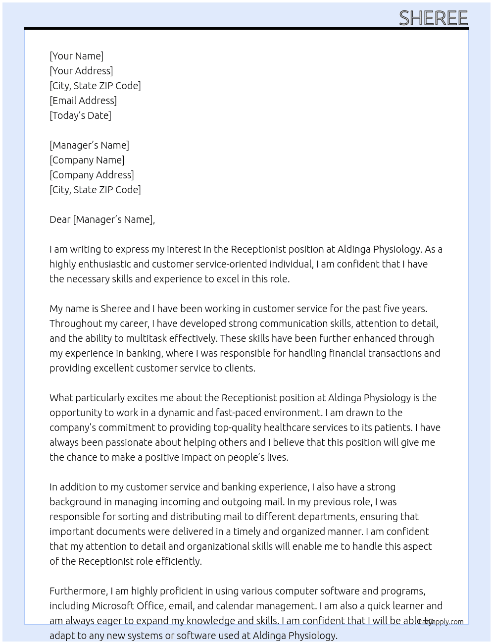 Receptionist At Aldinga Physiology Cover Letter