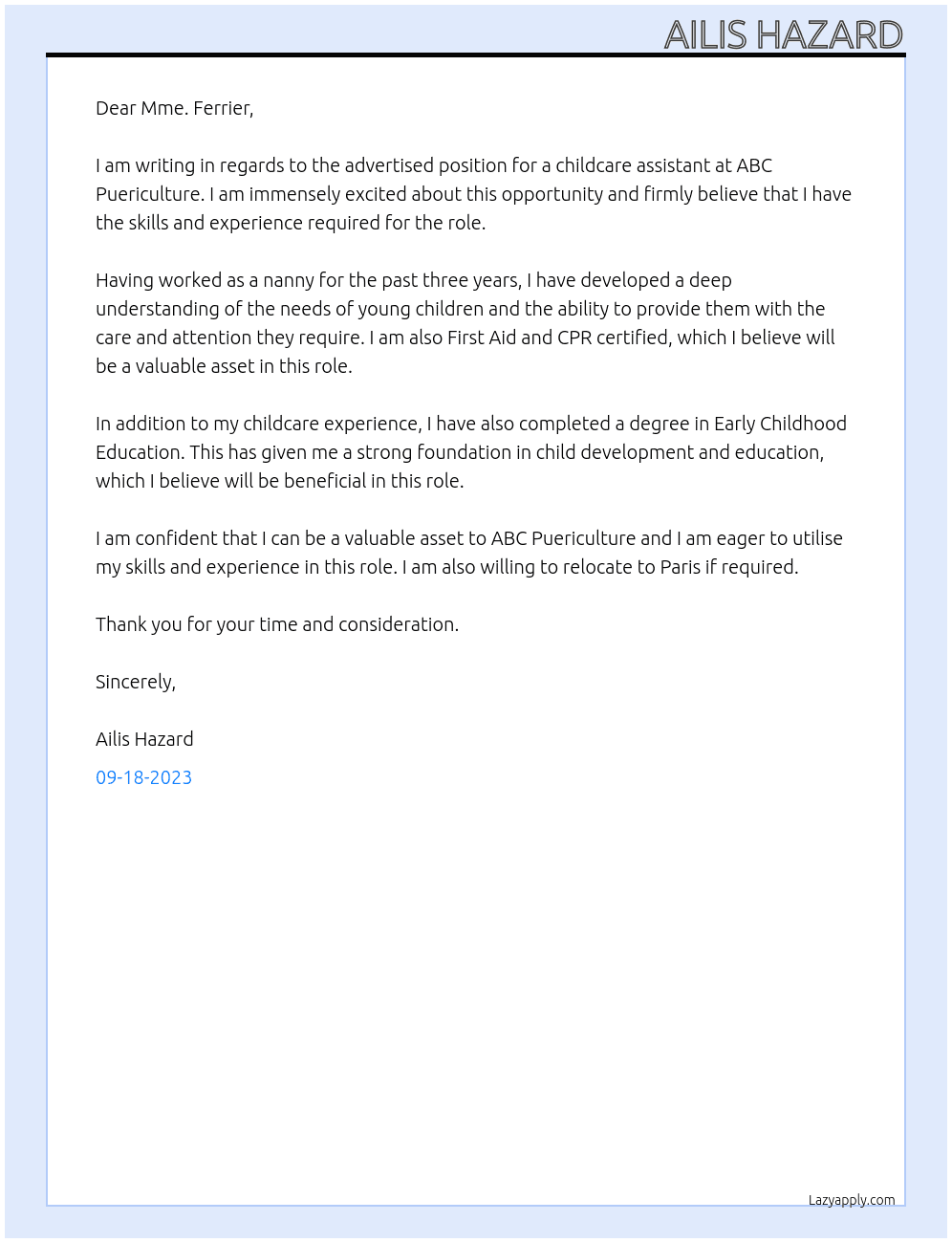 childcare assistant At ABC Puericulture Cover Letter