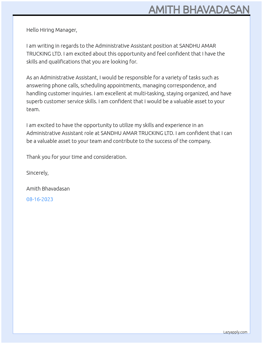 Administrative Assistant At SANDHU AMAR TRUCKING LTD Cover Letter