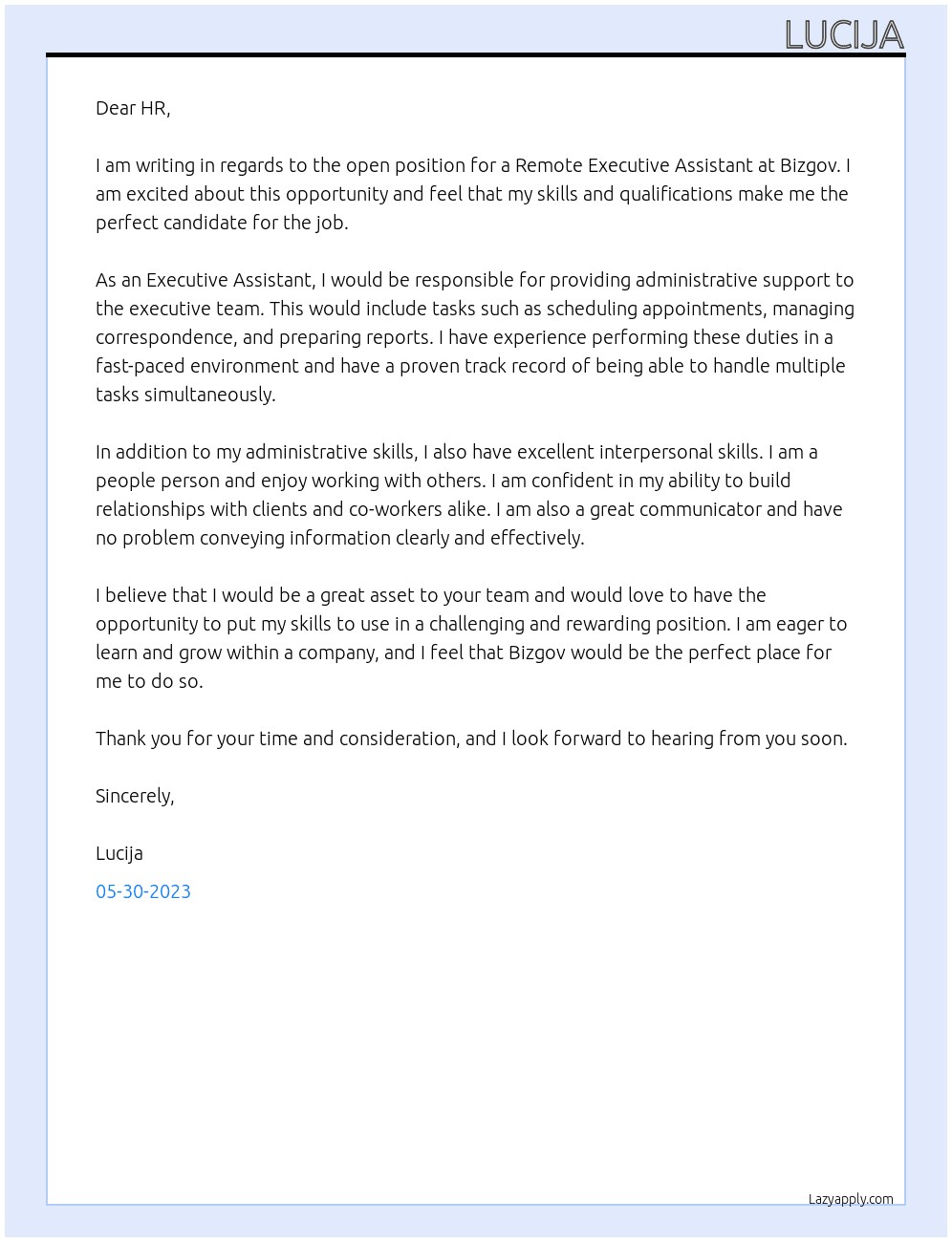 Remote Executive Assistant At BIZGOV Cover Letter