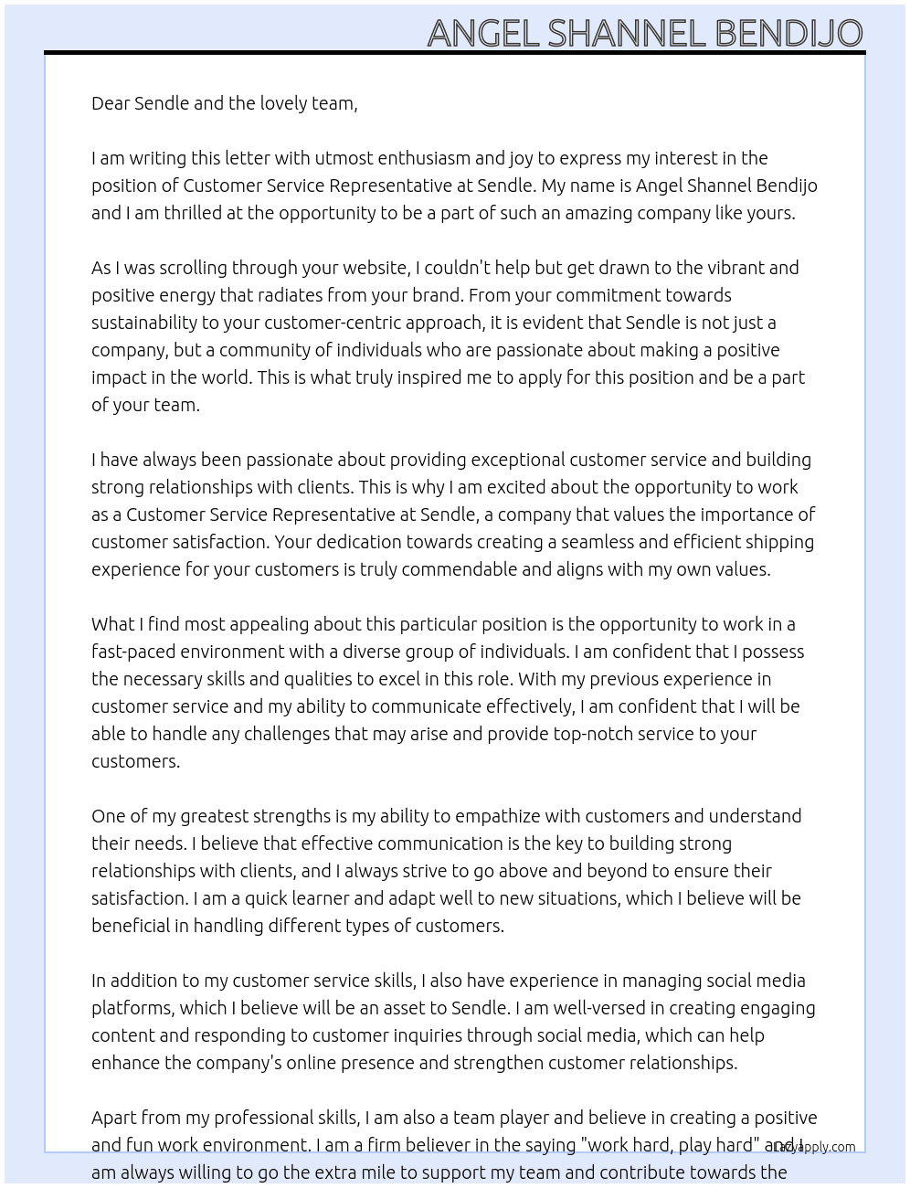 Customer Service Representative At Sendle Cover Letter