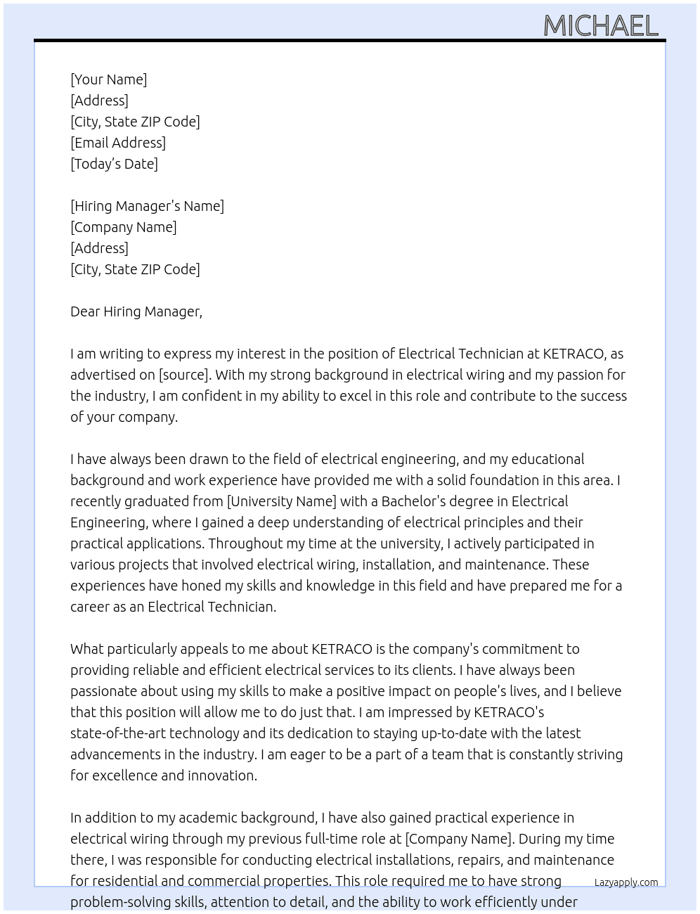 Electrical technician  At KETRACO Cover Letter