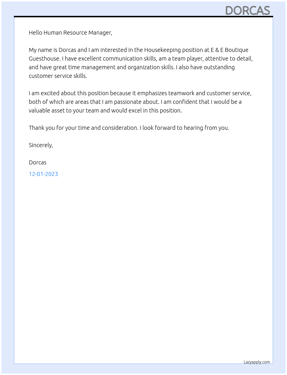 House Keeping  At E & E Boutique Guesthouse  Cover Letter