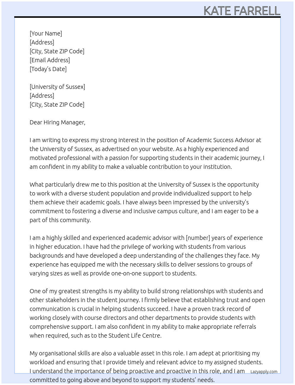 Academic Success Advisor At University of Sussex Cover Letter