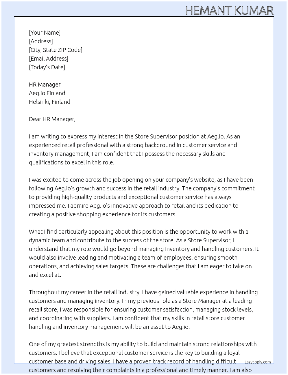 Store Supervisor At Aeg.io Cover Letter
