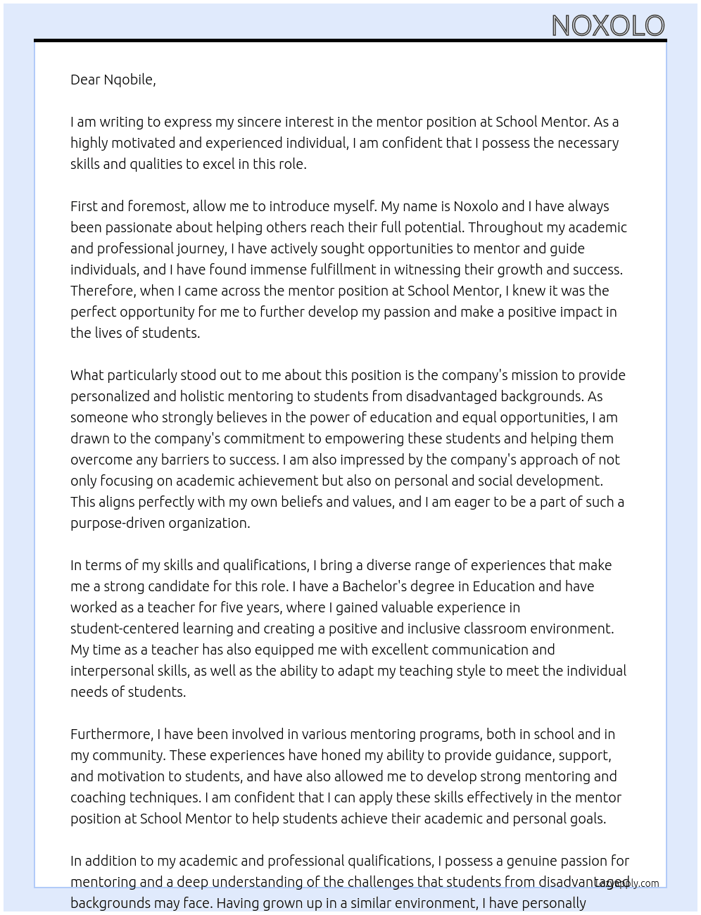 mentor At school mentor Cover Letter