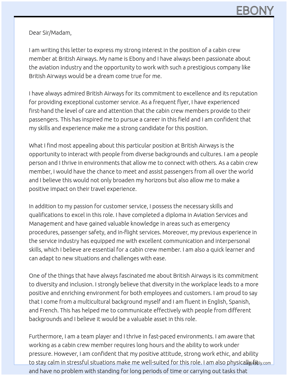 cabin crew At british airways Cover Letter