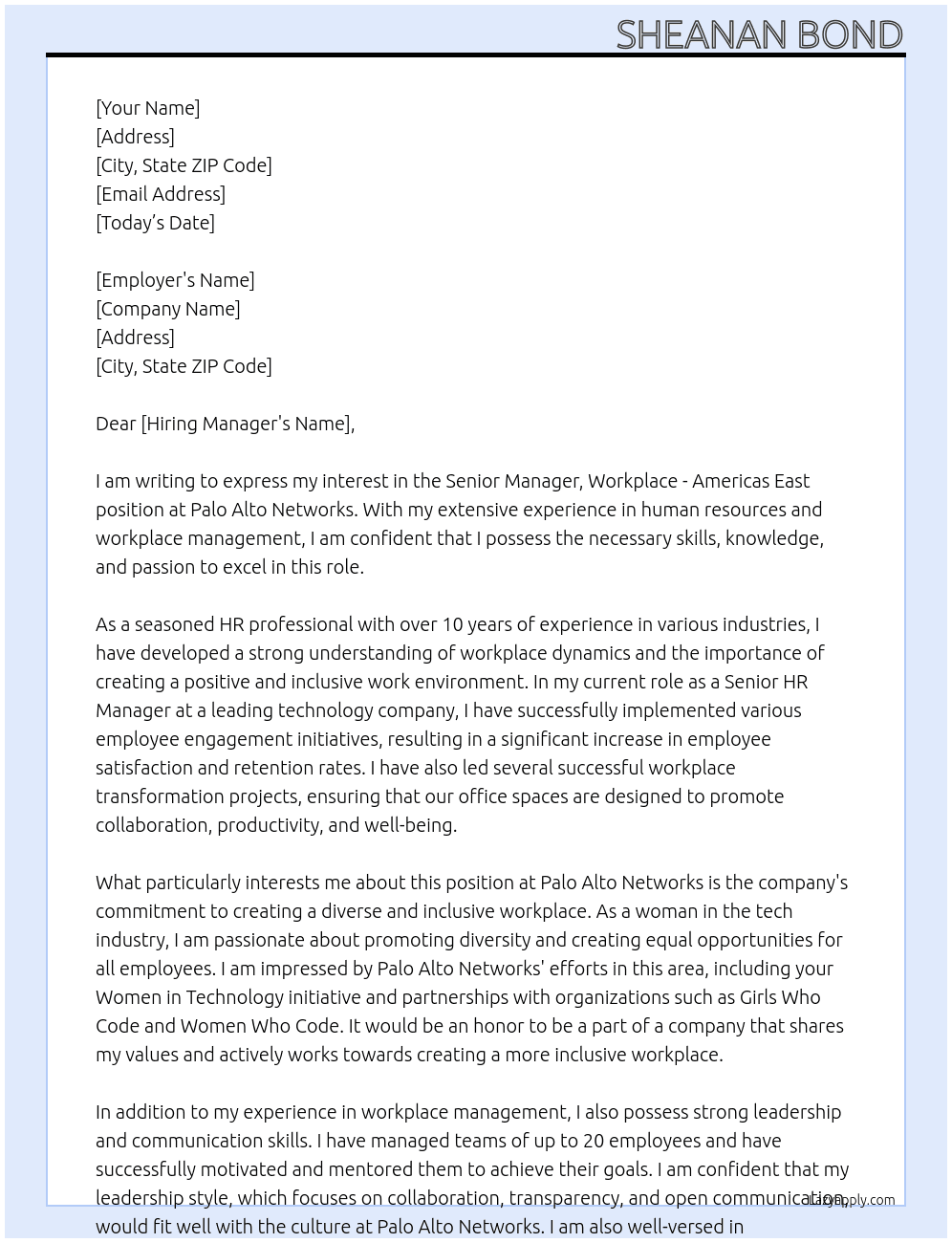 Senior Manager, Workplace - Americas East  At Palo Alto Networks Cover Letter