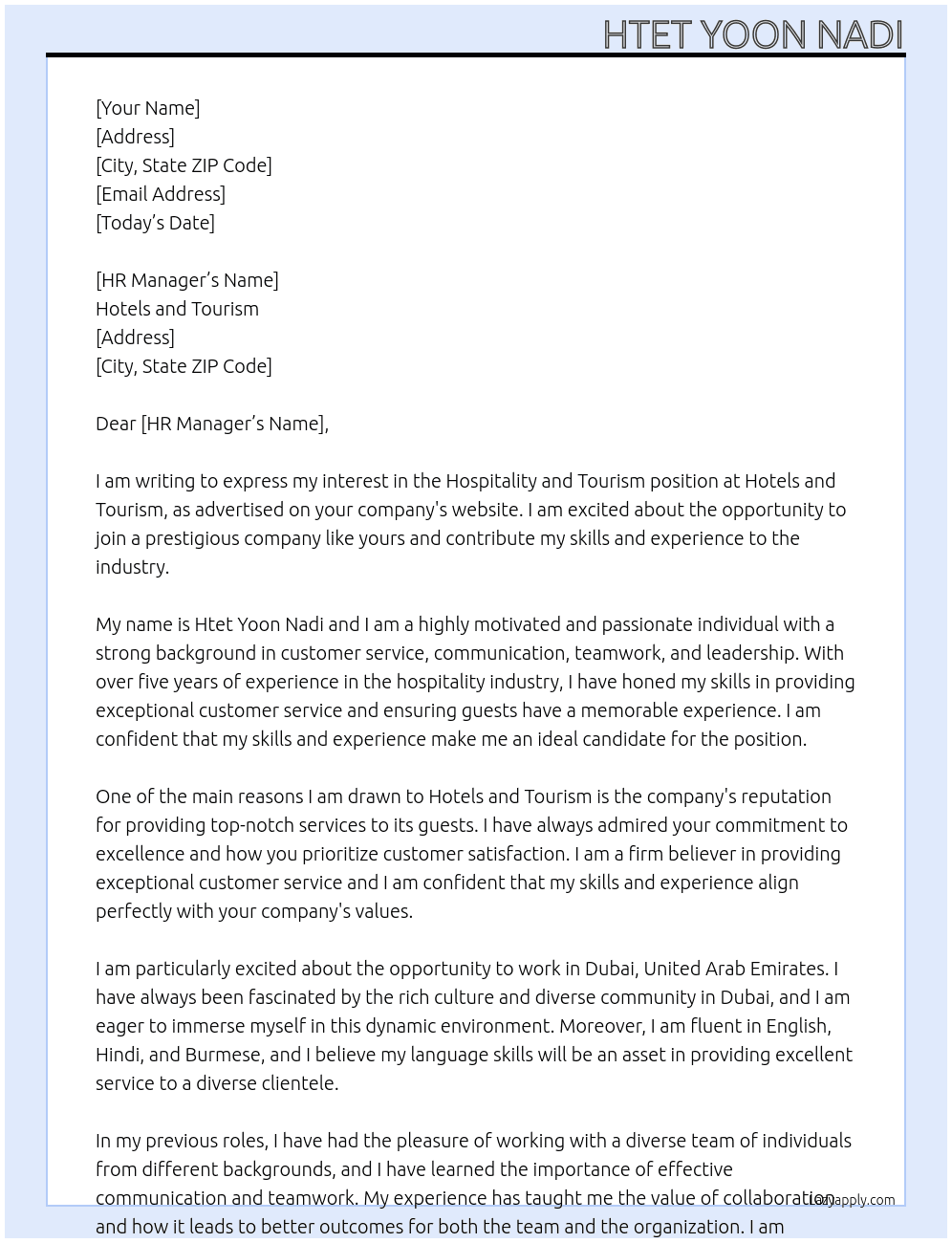 Hospitality and Tourism At Hotels and Tourism  Cover Letter