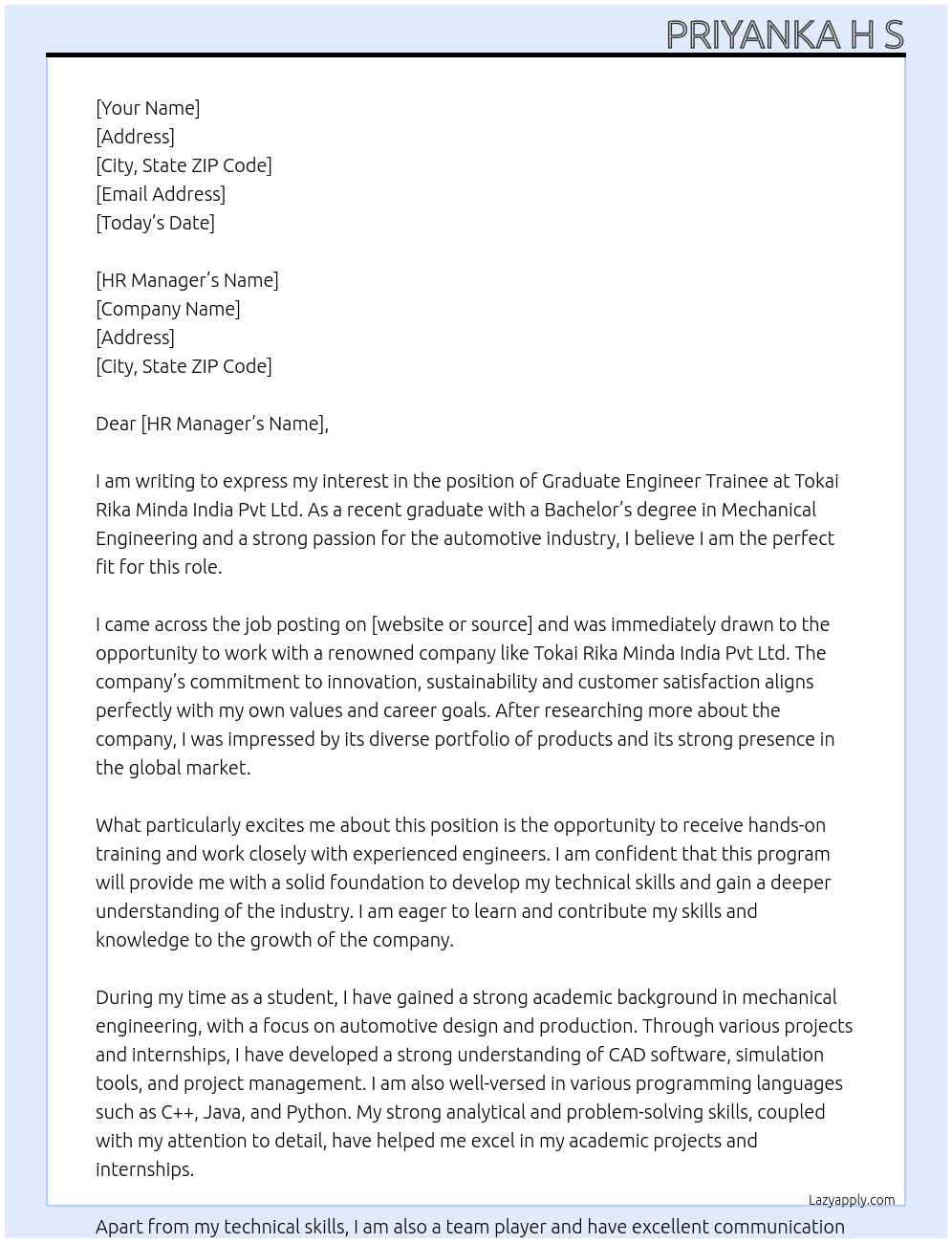Graduate Engineer Trainee. At Tokai Rika Minda India Pvt Ltd Cover Letter