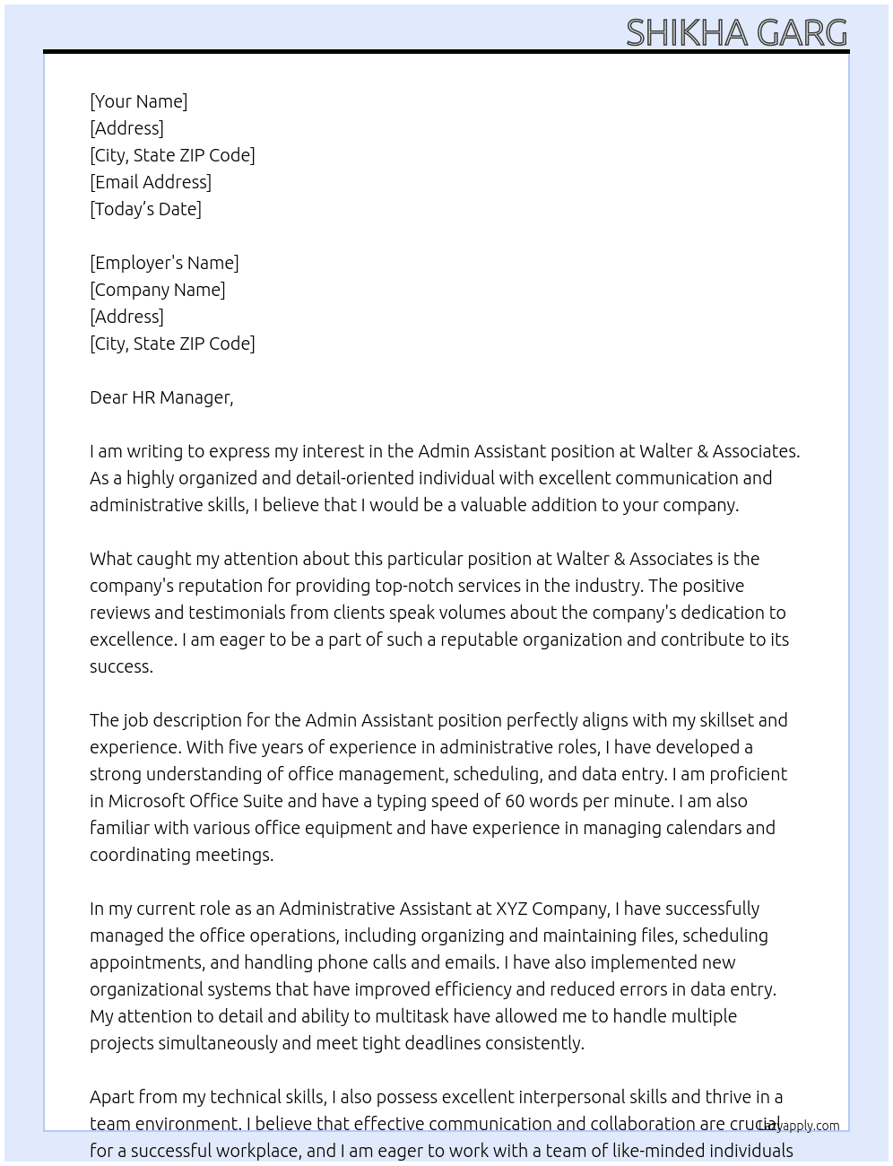 Admin Assistant At Walter & Associates  Cover Letter