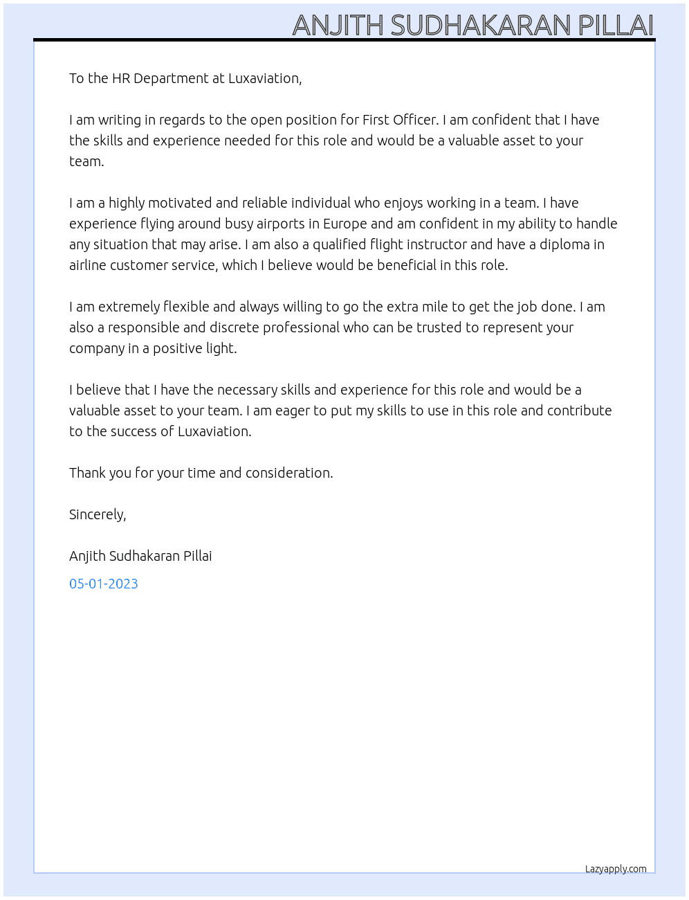 First Officer At Luxaviation Cover Letter