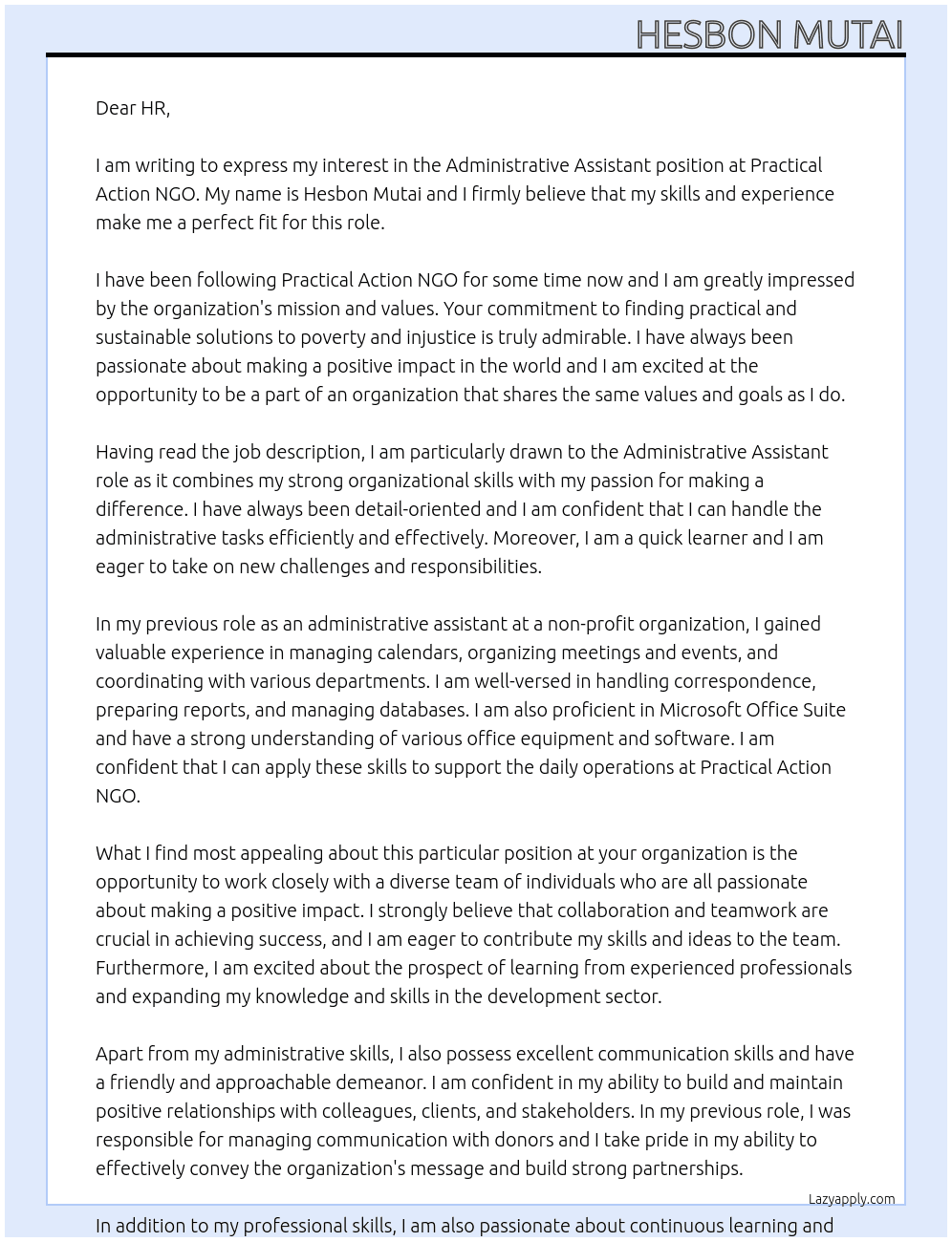 admnistrative assistant At practical action NGO Cover Letter