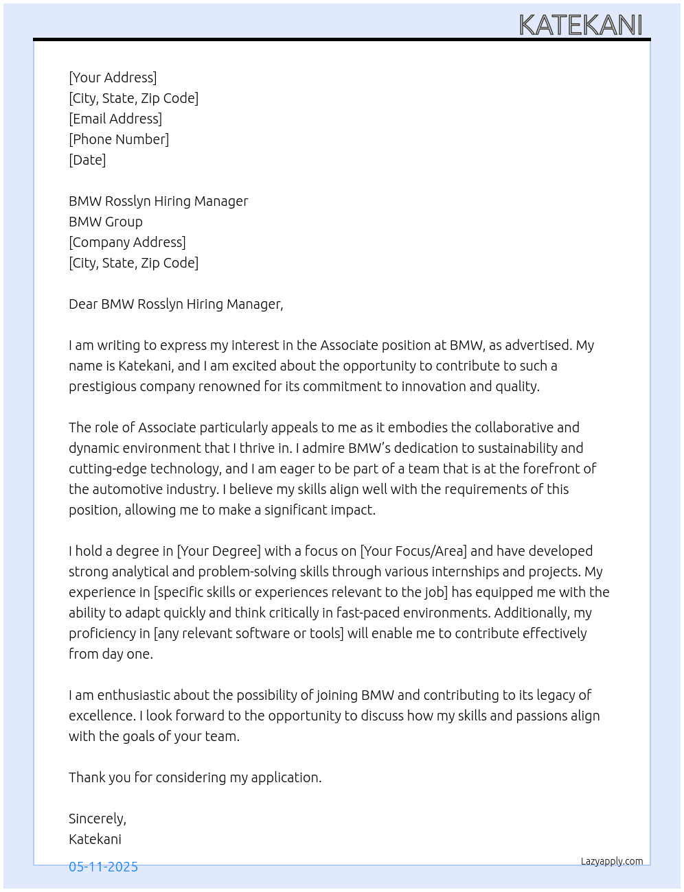 Associate  At BMW Cover Letter