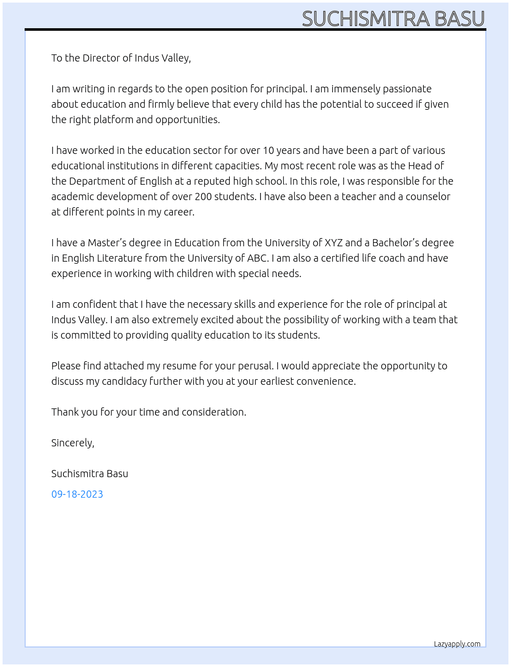 principal At Indus Valley Cover Letter