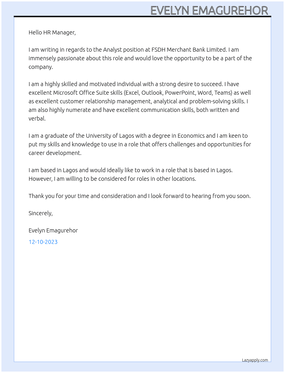 Analyst  At FSDH Merchant Bank Limited Cover Letter