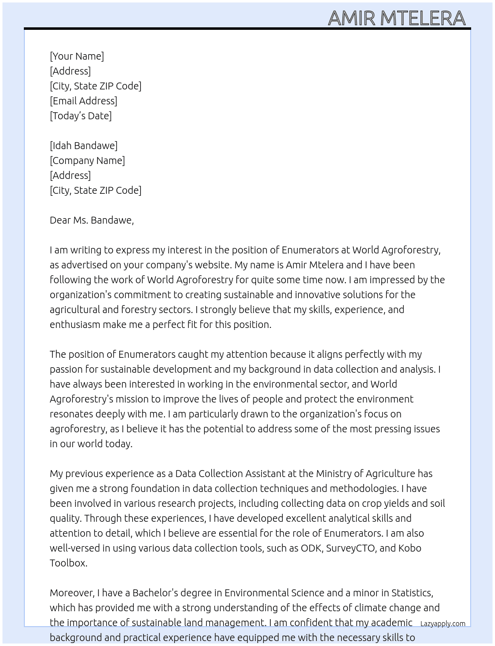 Enumerators At World Agroforestry  Cover Letter