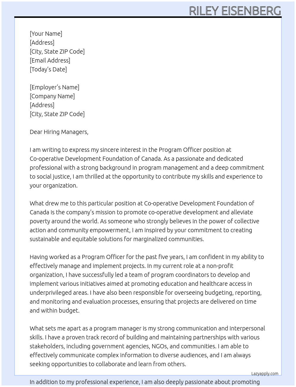 Program Officer At Co-operative Development Foundation of Canada Cover Letter