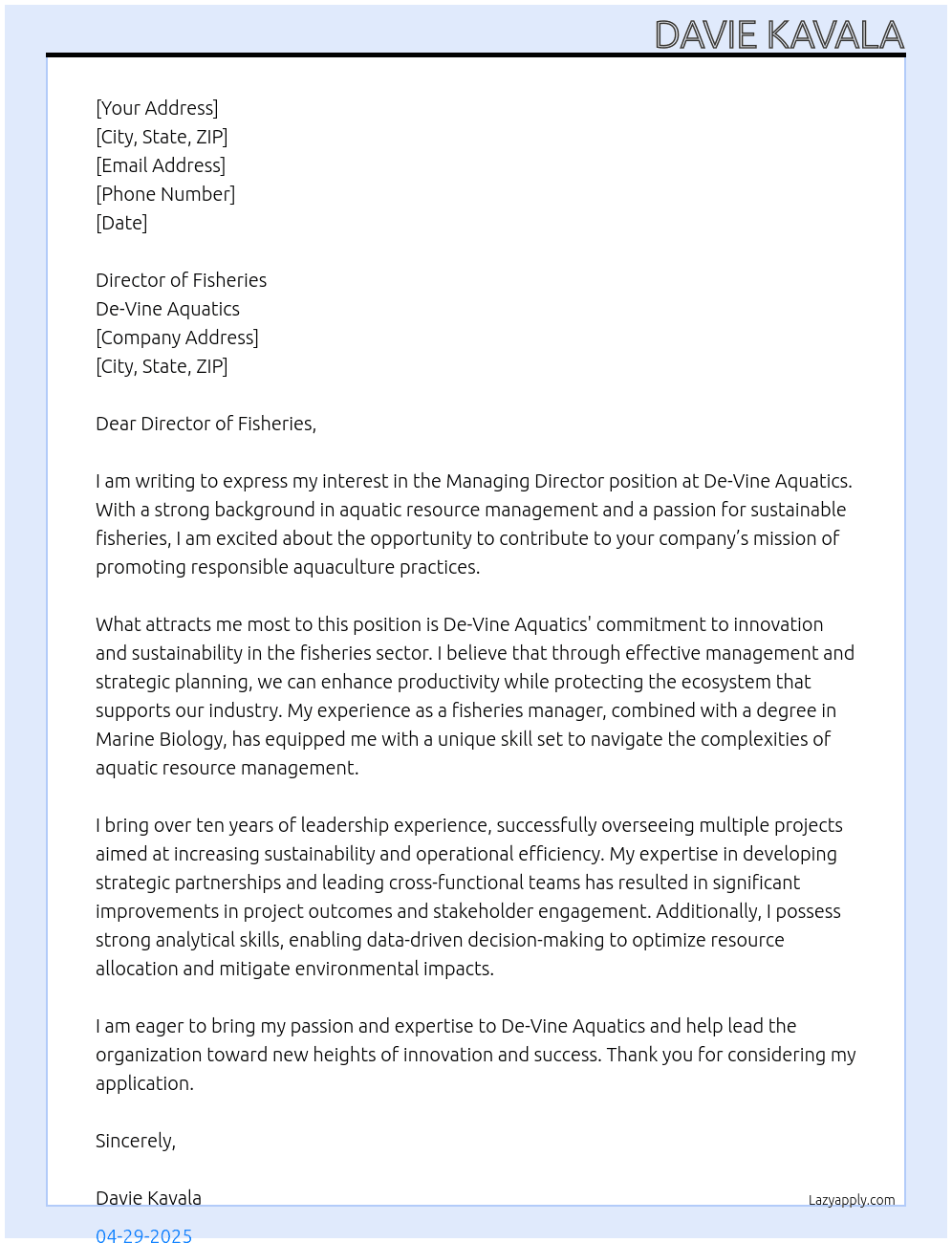Managing Director At De-Vine Aquatics Cover Letter