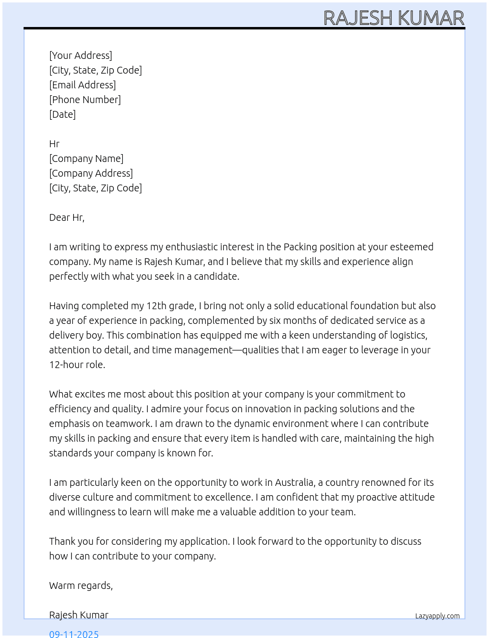 Paking At Any company Cover Letter