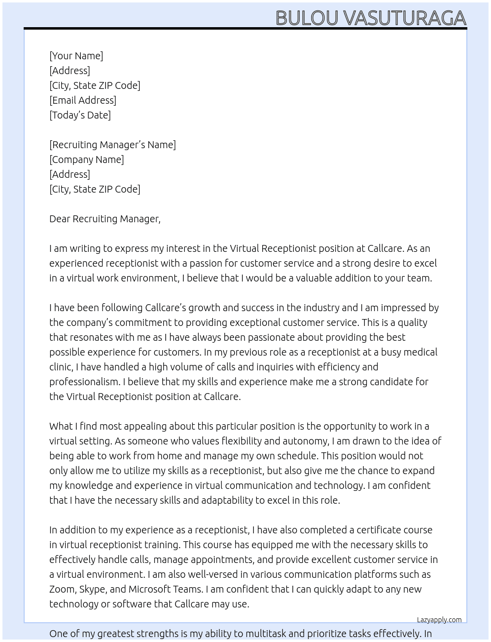 Virtual Receptionist At Callcare Cover Letter