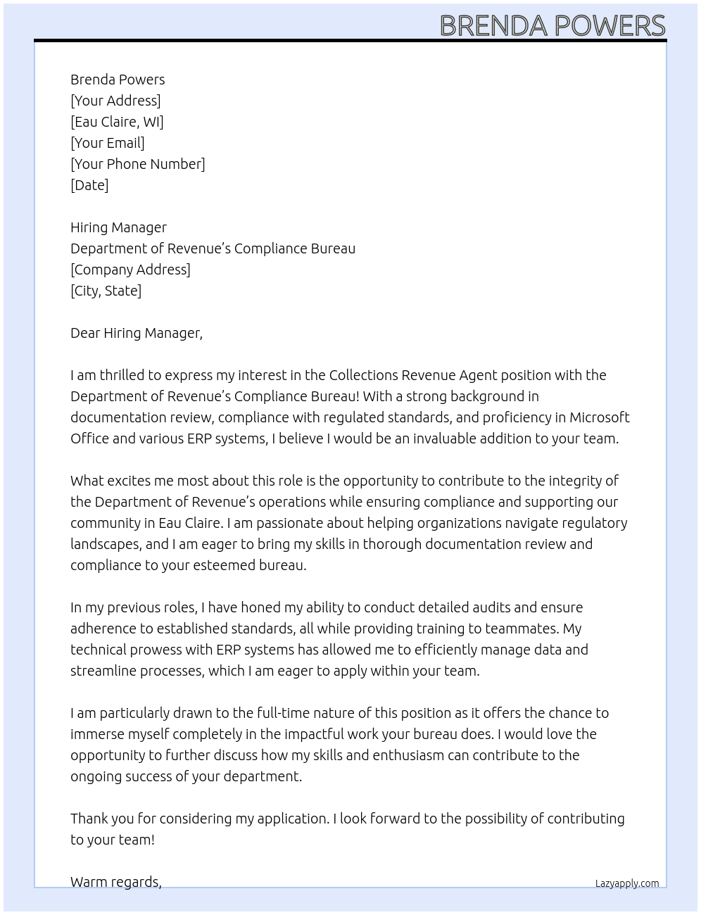 Collections Revenue Agent At Department of Revenue’s Compliance Bureau Cover Letter