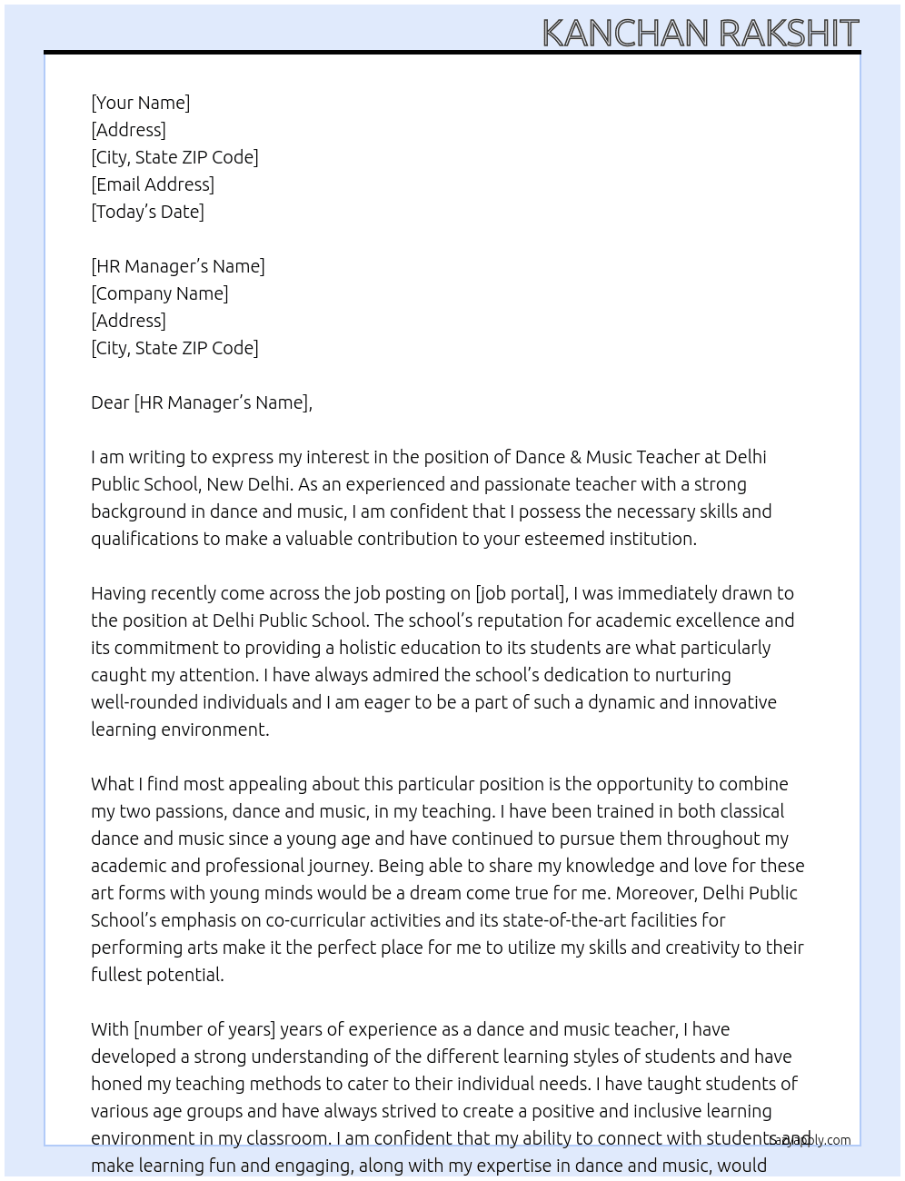 Dance & Music Teacher At Delhi Public School, New Delhi Cover Letter