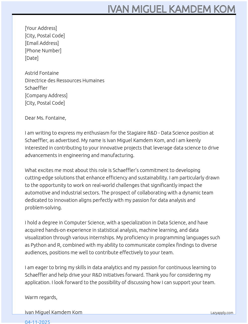 Stagiaire R&D - Data Science H/F At Schaeffler Cover Letter
