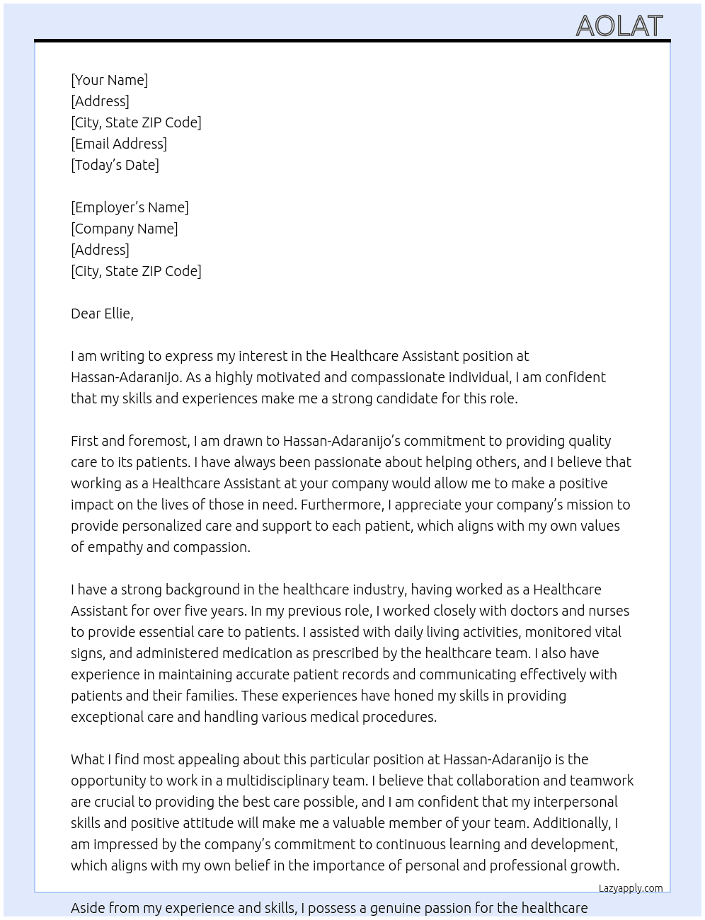 Healthcare Assistant  At Hassan-Adaranijo  Cover Letter