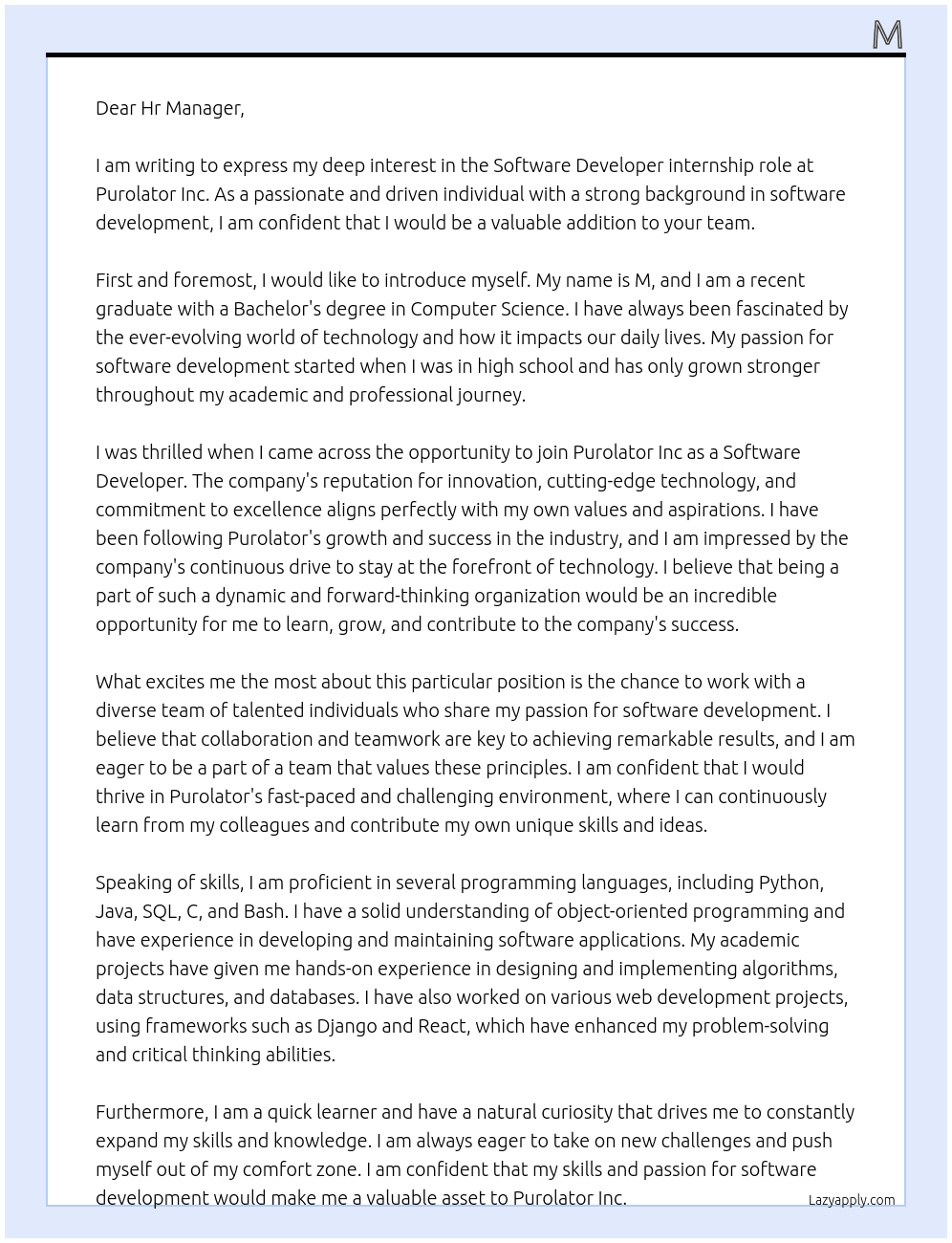 Software developer At Purolator Inc Cover Letter
