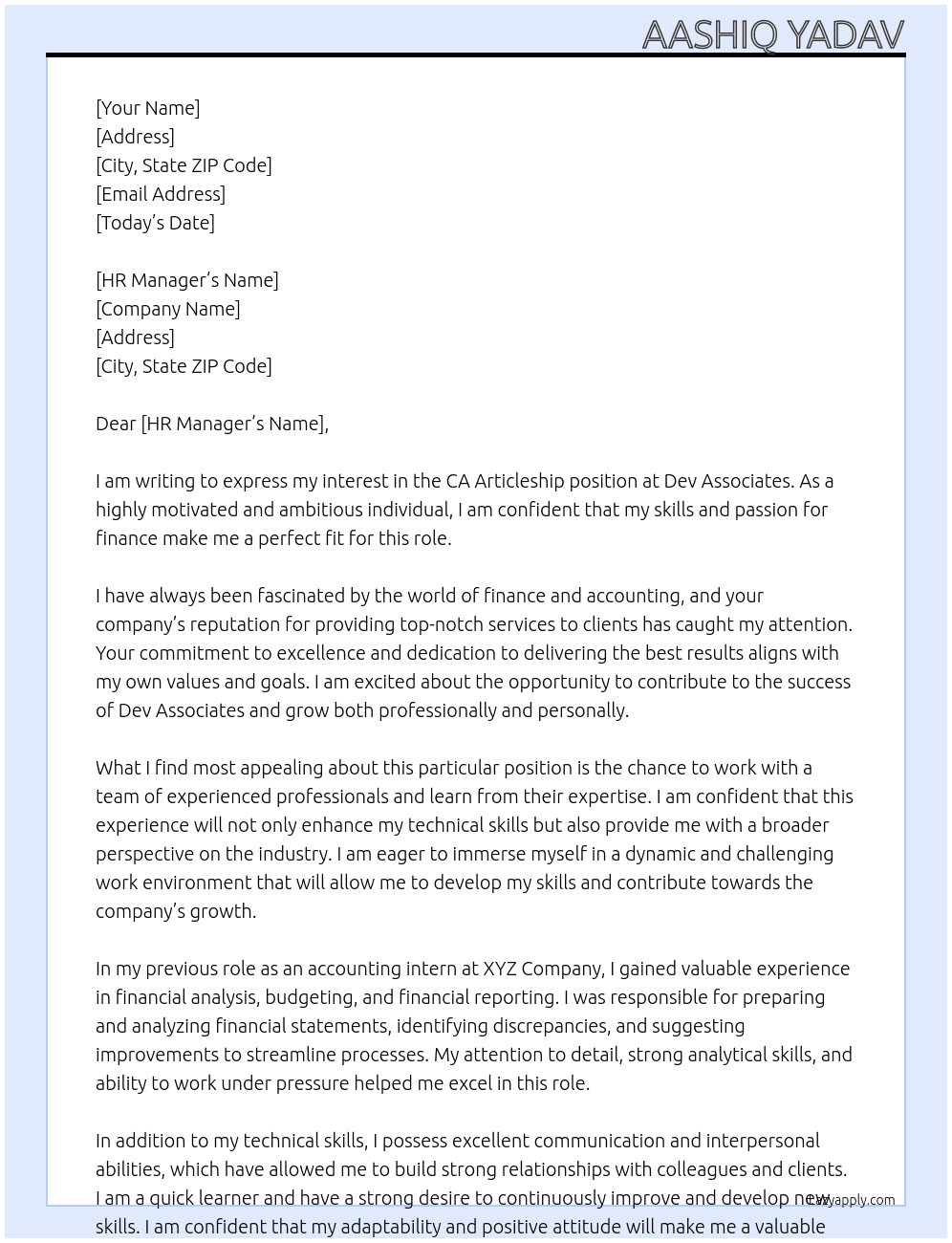 CA Articleship At Dev Associates Cover Letter