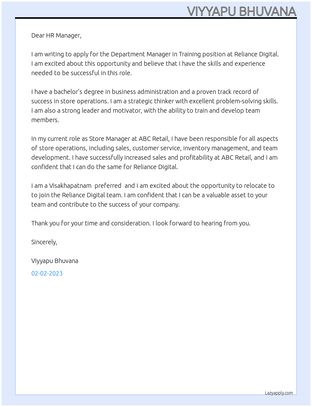 Cover letter for department manager in training - LazyApply