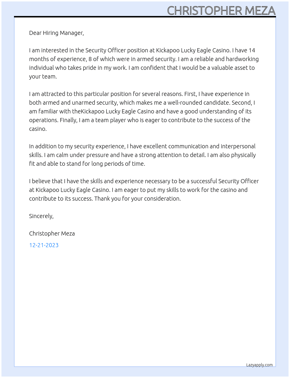Security Officer At kickapoo lucky eagle casino Cover Letter