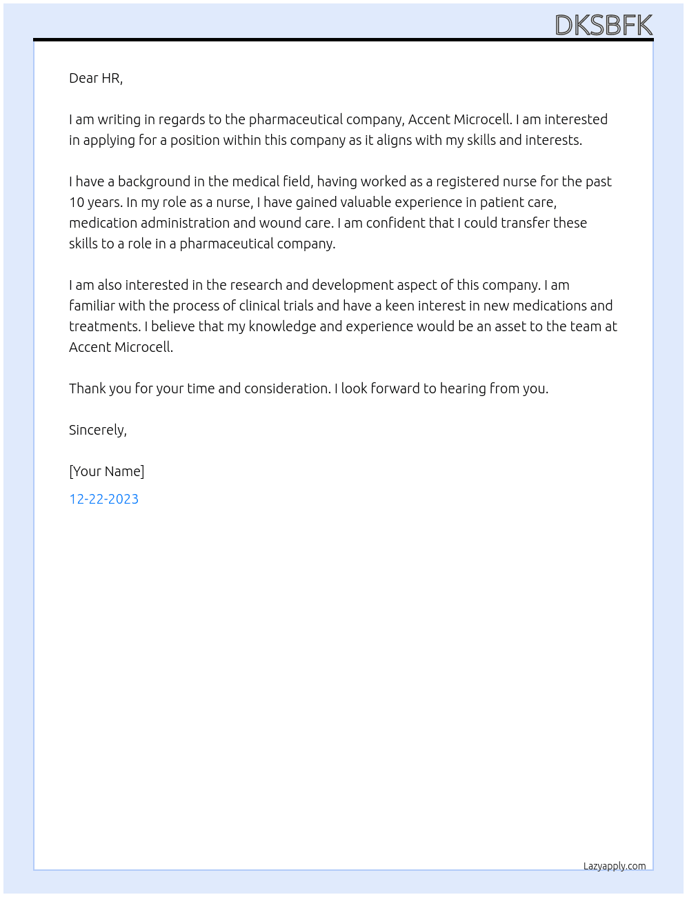 pharmaceutial company At accent microcell Cover Letter