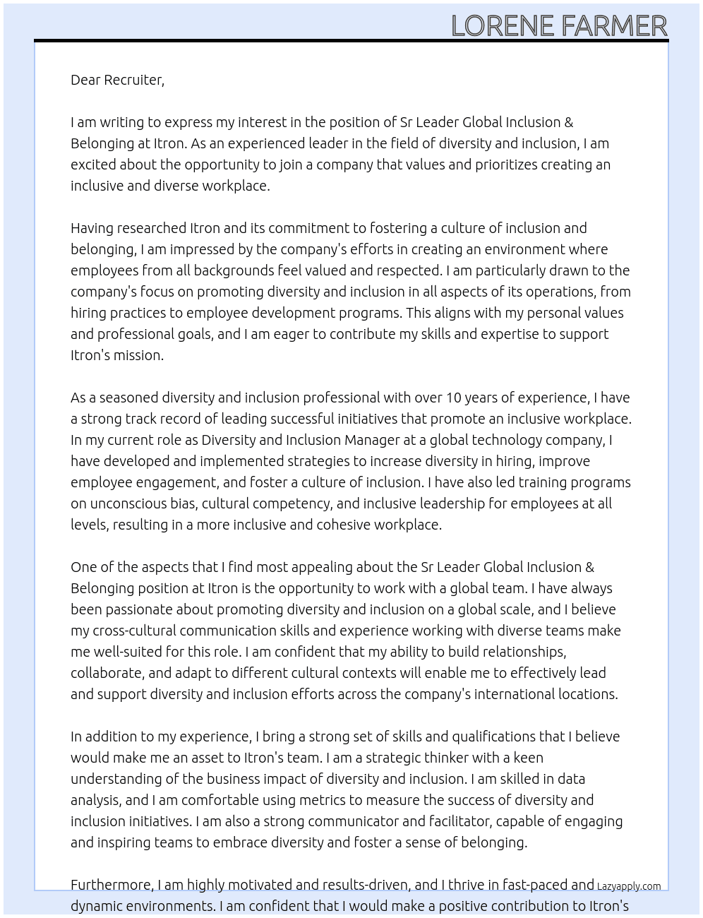 Sr Leader Global Inclusion & Belonging At Itron Cover Letter