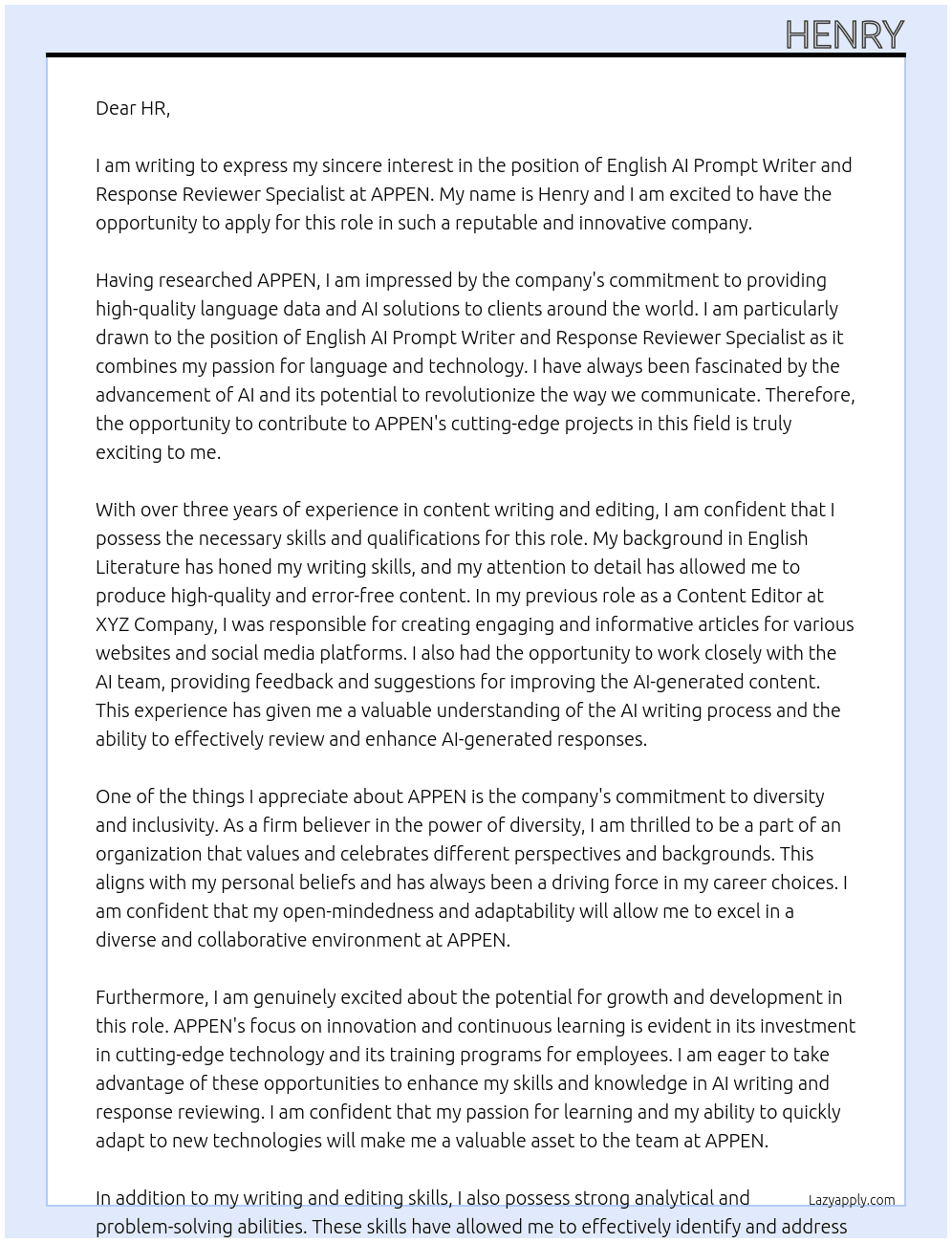 English AI Prompt Writer and Response Reviewer Specialist At APPEN Cover Letter