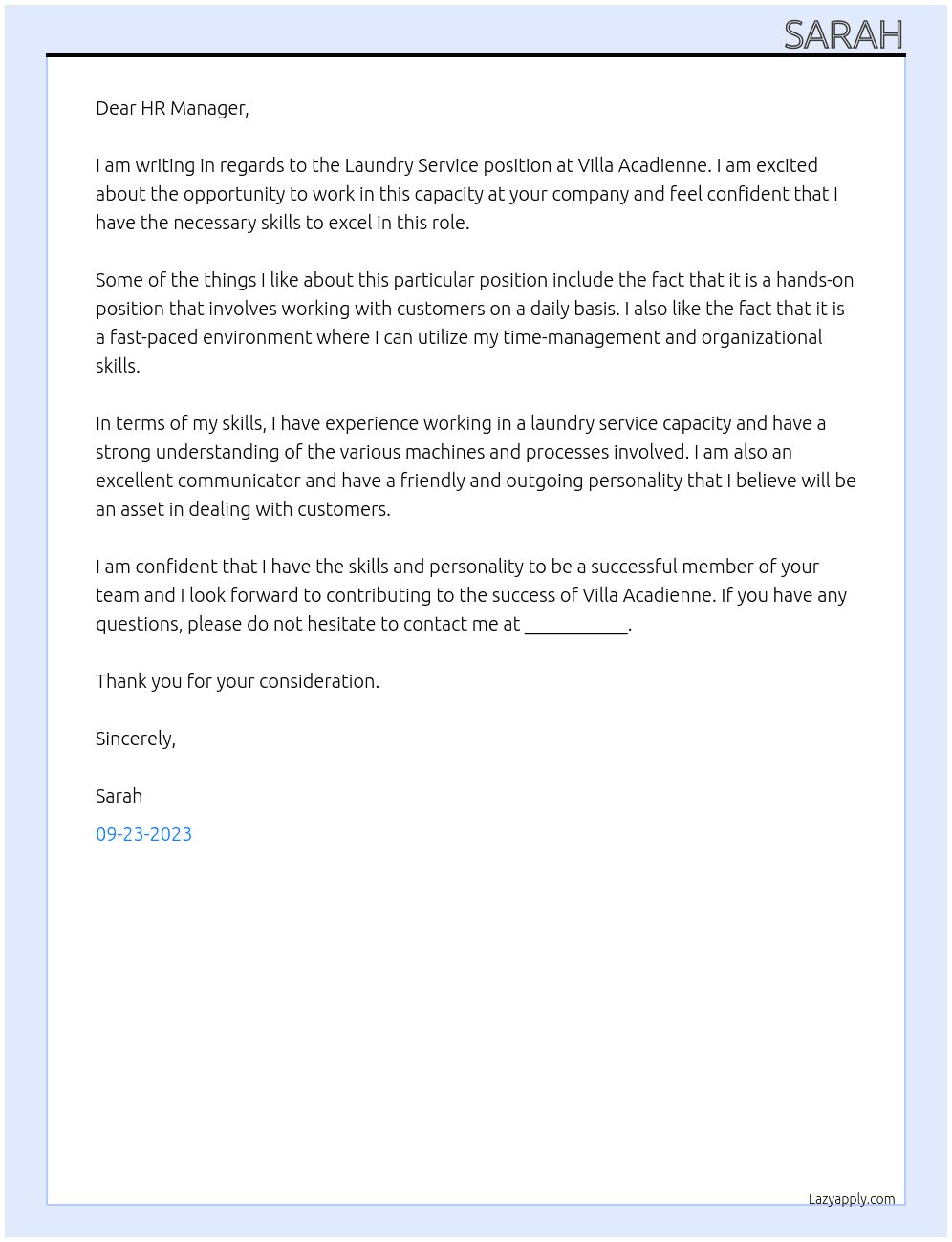 Laundry Service At Villa Acadienne Cover Letter