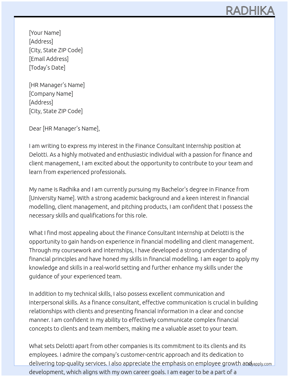 FIANACE CONSULTANT INTERNSHIP  At DELOTTI Cover Letter