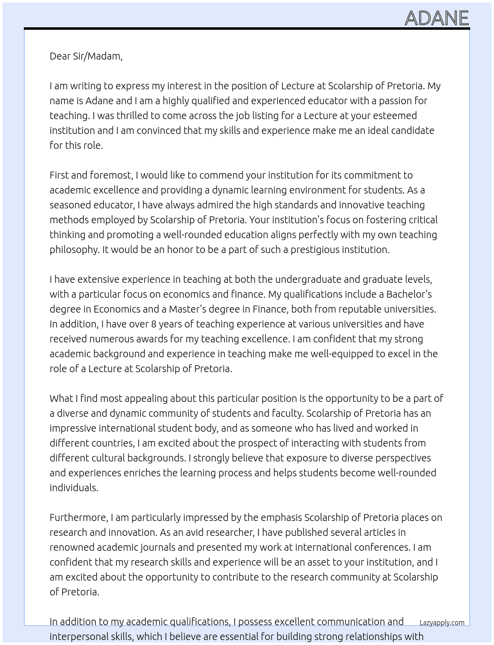 Lecture At Scolarship of Pretoria Cover Letter