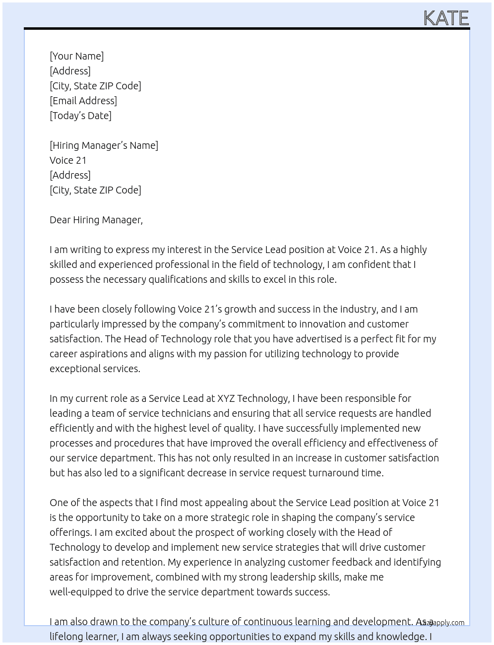 Service Lead At Voice 21 Cover Letter